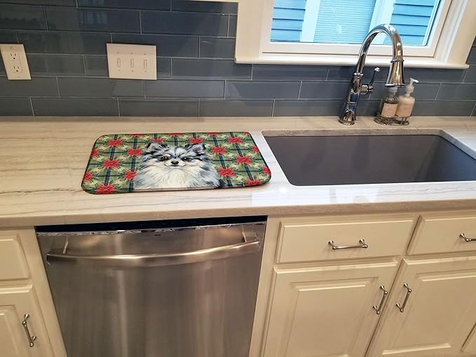 Caroline's Treasures Blue Merle Pomeranian Christmas PoinsettIas Dish Drying Mat Absorbent Dish Drying Mat Pad for Kitchen Counter Dish Drainer Mat for Countertop, 14 x 21", Multicolor