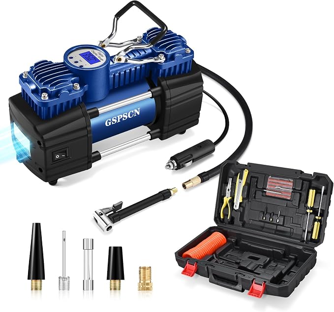 GSPSCN Heavy Duty Tire Inflator 12V Portable Digital Air Compressor Pump | w/ Tire Repair Kit & Toolbox 6X Faster Inflation Auto-Shut off Double Cylinder Metal Air Pump 150Psi for Car,SUV,Truck,RV