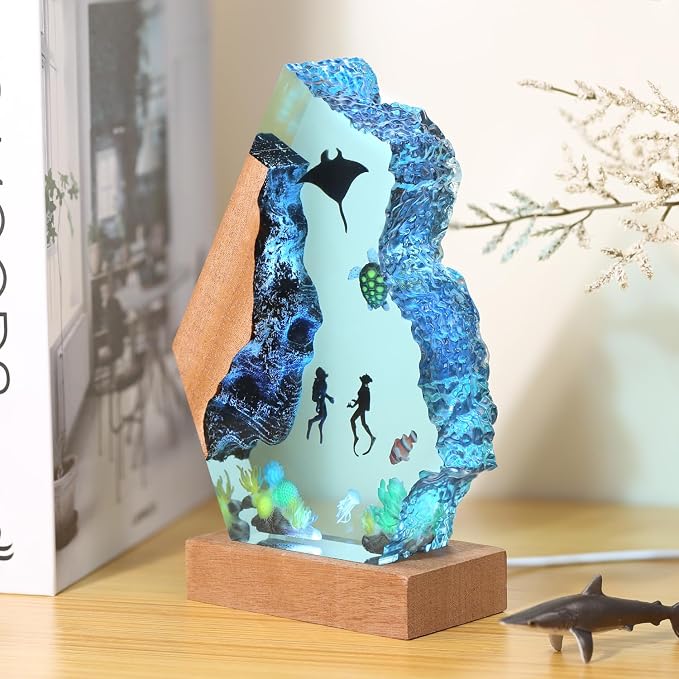 Scuba Diving Resin Ocean Lamp,Handmade 3D Ocean Night Light With Woodden Base,Variable Lights, Scuba Diver Gifts,Diving Enthusiast Collectibles, Unique Birthday Holiday Gifts for Men & Women (L12"x8")