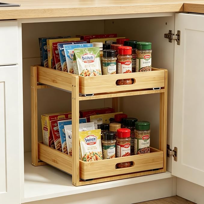 Under Sink Pull Out Organizer - Bamboo Cabinet Organizer 2-Tier with Adjustable Height, Undersink Storage Shelf Slide Out for Kitchen Bathroom Pantry Cabinet