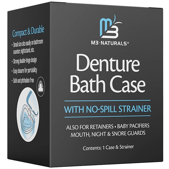 Denture Bath Case and Retainer Case, Denture Bath Cup for Invisalign Retainers Mouthguards Dentures Cleaner Kit with Strainer Spill-Free Portable Retainer Cleaner Case by M3