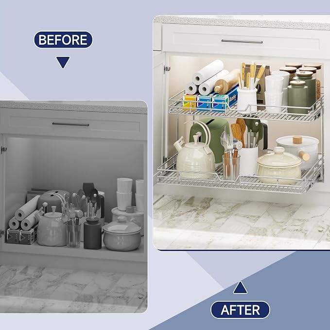 2-Tier Pull Out Cabinet Organizer, 31.5" W x 21.5" D, Heavy Duty Dual Slide Out Shelves for Wide Base Cabinets, Chrome Wire Basket Drawer for Pots, Pans, Pantry & Cleaning Supplies