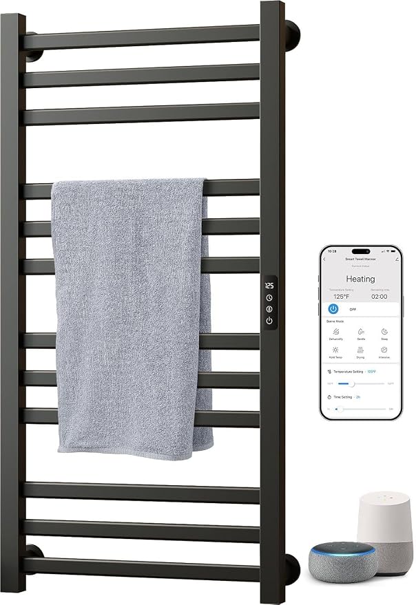 ENZE Smart Heated Towel Rack,12-Bar Wall-Mounted Electric Towel Warmer 320W, Wi-Fi App Control & LED Touch Screen, Adjustable Temperature & 24H Timer, IPX5, Plug-in/Hardwired, Matte Black
