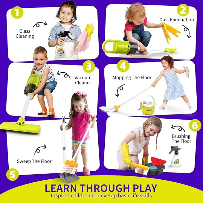 PUPU PIG Toddler Toys Cleaning Set, Kids Cleaning Toy Set, Pretend Play Home Cleaning Playset - Incl.Electric Toy Vacuum, Broom and Dustpan Set, Mop,Duster and More,Cleaning Tools Toys for Boys Girls