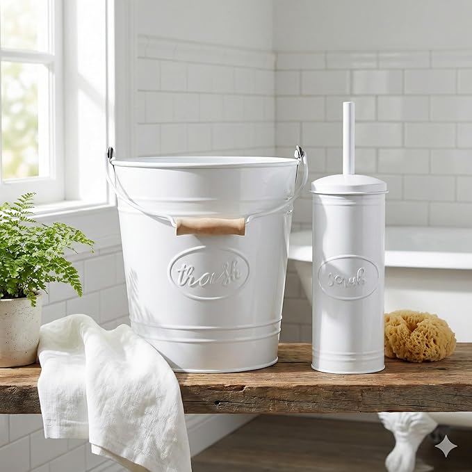 Autumn Alley Rustic Farmhouse White Bathroom Trash Can and Toilet Brush Set – Bathroom Accessories for Modern Farmhouse Charm, White Trash Can with Toilet Brush and Holder, 2 Gal. Capacity