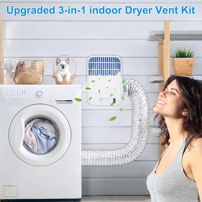 3-in-1 Indoor Dryer Vent Kit,Upgrade Energy Efficient Dryer Lint Trap,6 Polyester Filter&10ft Dryer Vent Hose & Water Drawer System for Electric Clothes Dryers，Enhanced Air Quality