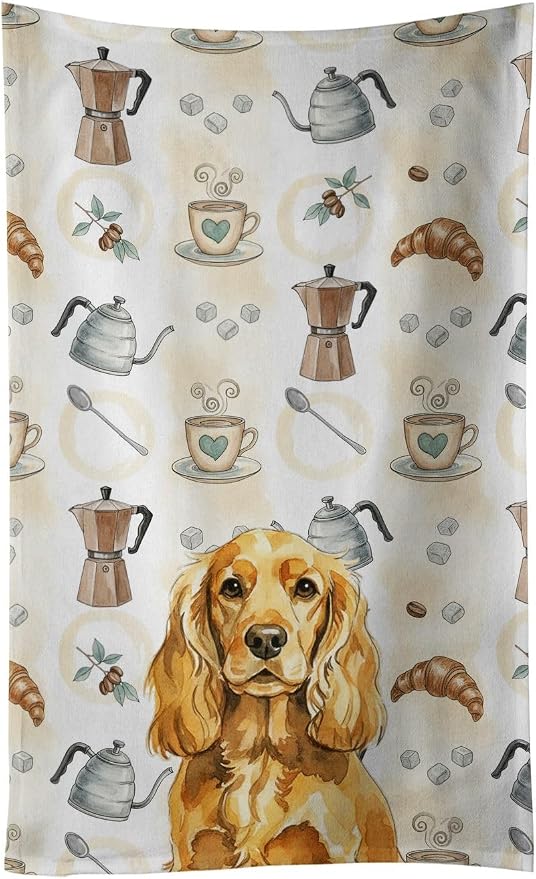 Caroline's Treasures Golden English Cocker Spaniel Coffee Bar Kitchen Towel Velour Plush Front and Cotton Loop Back Machine Washable