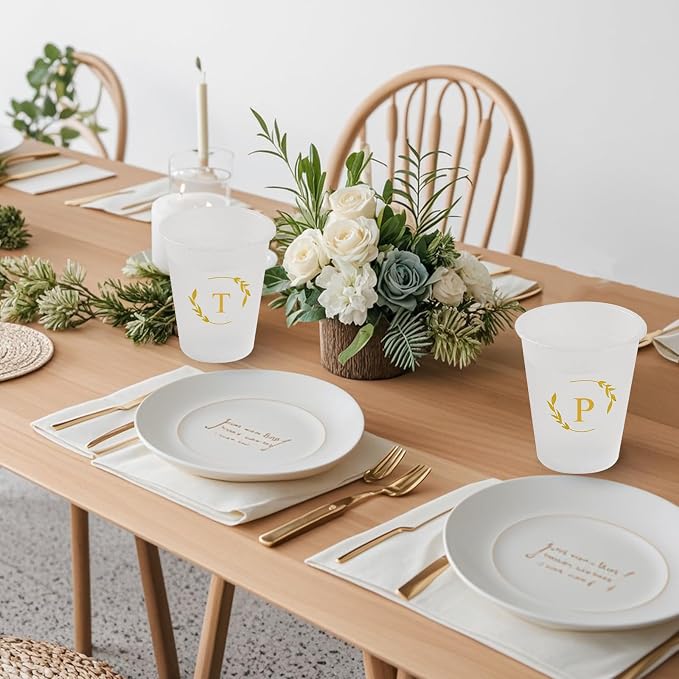 100 Monogrammed Cups Disposable Initial Plastic Cup 12 oz Wedding Personalized Cup for Wedding Reception Baby Shower Birthday Party(Letter R)