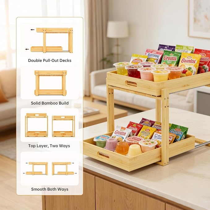 Under Sink Pull Out Organizer - Bamboo Cabinet Organizer 2-Tier with Adjustable Height, Undersink Storage Shelf Slide Out for Kitchen Bathroom Pantry Cabinet