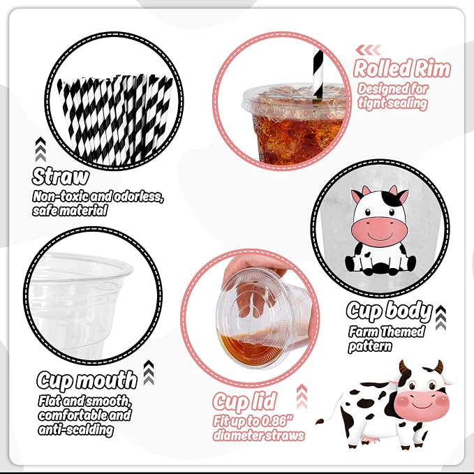 Whaline 50 Pcs Cow Disposable Plastic Cups with Lids and Straws 12 Oz Cute Farm Themed Cold Beverage Drinking Cups for Baby Shower Birthday Party Supplies