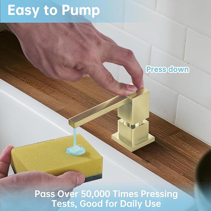 Soap Dispenser Square Built in Sink with 47'' Long Tube, Brushed Champagne Gold Brass Pump Head for Kitchen Sink with 17 oz Bottle