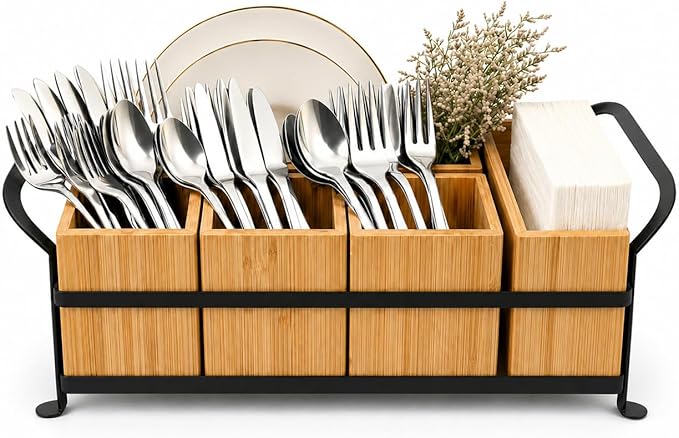 Bamboo Utensil Caddy with Handle - 5 Compartment Silverware Holder for Party & Kitchen Countertop - Removable Wooden Flatware Organizer for Picnic, BBQ, Buffet, RV & Outdoor Dining