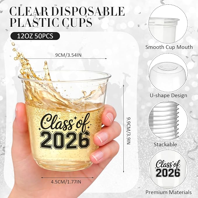 Potchen 50pcs Graduation Cups Class of 2026 12oz Clear Plastic Graduation Party Cups for 2026 Celebration Party Supplies Congrats Grad Tableware Decoration(Black)