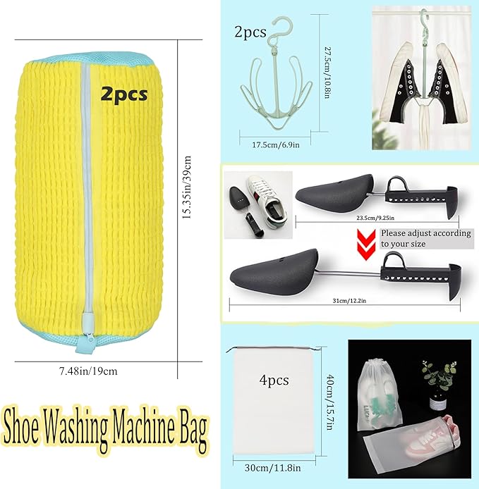Shoe Washing Machine Bag, Laundry Shoe Bag for Washer and Dryer, Reusable Shoe Cleaning Bag for Sneaker Tennis Shoes Unstain Cleaner Kit (10-PCS Complete Set for Easy Washing & Drying) Yellow