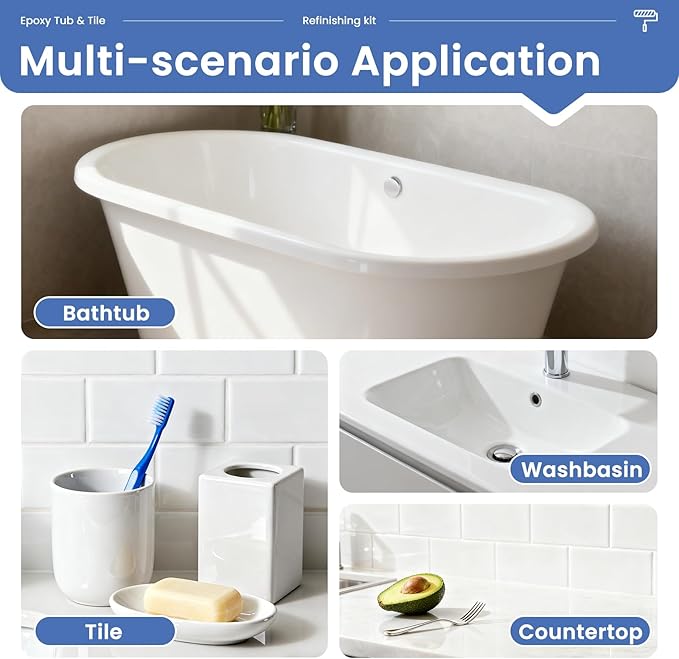 DWIL Tub and Tile Refinishing-2K Epoxy Tub Refinishing kit, Waterproof, Quick-Dry, Non-Yellowing Application for Bathtubs, Tiles, and Sinks etc. with Tools High Gloss White, 80-90sq.ft