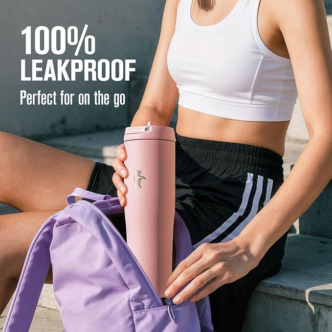 Coolflask Water Bottle 40 oz Fits Car Cup Holder, Slim Tumbler Stainless Steel with Straw & Handle, Vacuum Flask Leakproof Wide Mouth for Travel Sports Gym, Pink