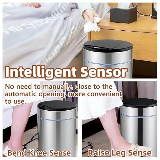 Garbage Can with Lid, Intelligent Sensor Opening and Closing, Small Garbage Can for Living Room, Bedroom, Kitchen and Bathroom (1, Silver)