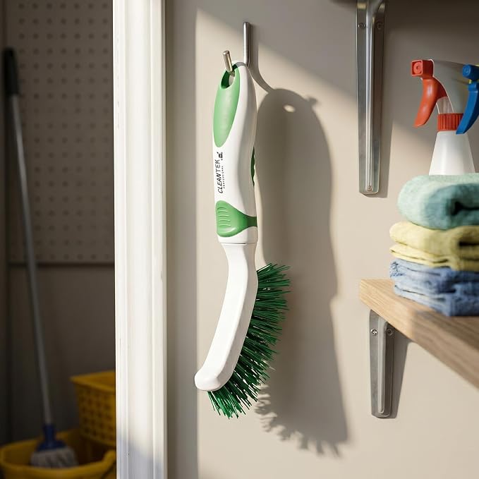 Restaurantware Grout Brush 1 Pack of 9 Tile Scrubbing Brush Stiff Bristle Ergonomic Handle Angled Head Narrow Design Green and White Plastic Cleaning Tool