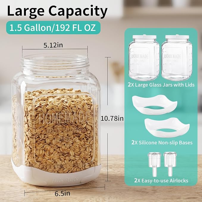FavorFlavor 2 PCS 1.5 Gallon Fermentation Jar with Airlock and Lid, Wide Mouth Mason Jar with Scale Mark, Glass Container with Non-slip Base for Sauerkraut, Sourdough Starter, Kombucha, Mead Making