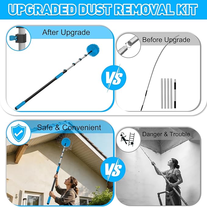 15FT Reach Cobweb Duster with Extension Pole - Spider Web Brush for Cleaning with 3-12FT 4-Section Flip-Lock Telescopic Pole, Effortlessly Cleans High Indoor & Outdoor Webs