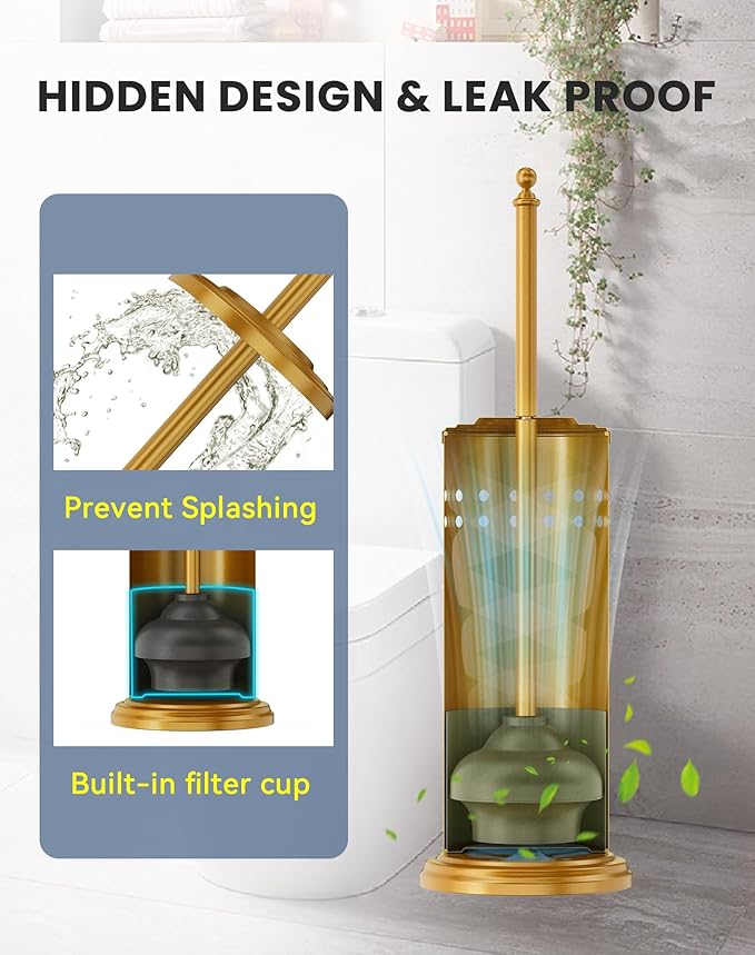 DOWRY Anti-Hand Off Toilet Plunger with Holder for Bathroom,Powerful Efficient Force Suction Cup,Heavy Duty, Deep Cleaning, Gold