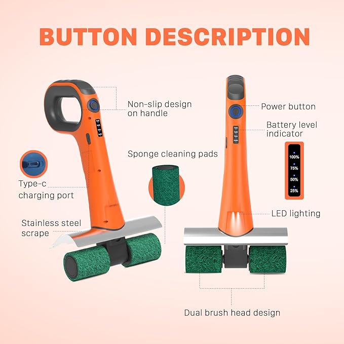 Hillyfe Electric Grill Brush, Bristle-Free Dual Rotating Heads, 450 RPM with LED Light, 120-Minute Runtime, IPX5 Waterproof, 4 Scouring Pads, Extended Handle, Safe for All Kinds of BBQ Grills, Orange