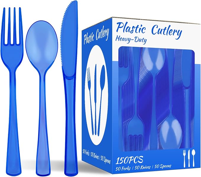 150 PCS Plastic Silverware Disposable Silverware Heavy Duty Utensil Sets 50 Of Each Forks Knives & Spoons Disposable Cutlery Set For Easter,Birthday,Baby Shower,Garden Party,Wedding(150,Blue)