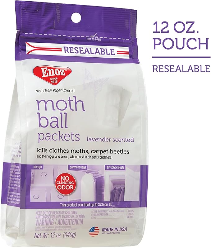 Enoz Moth-Tek Packets, Kills Clothes Moths and Carpet Beetles, Resealable Bag, Single Use Packets, Lavender Scent, 12 oz, Pack of 6