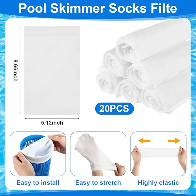 Tujoe Above Ground Pool Surface Skimmer with 5 Foot Leaf Skimmer Net and 20 Pool Filter Socks Skimmer Socks, Automatically Cleans Wall Mount Pool Surface Skimmer Pool Maintenance Accessories for Clean