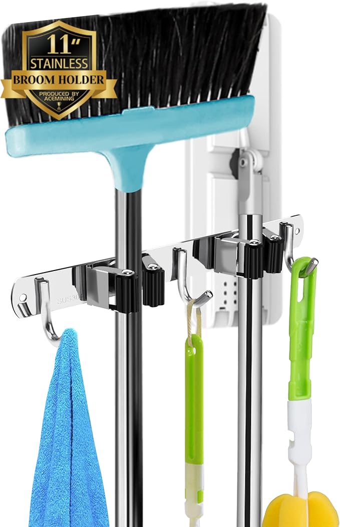 2 Racks and 3 Hooks & Black 5 Racks and 4 Hooks Broom and Mop Holder Wall Mounted Garage Organizer Storage Tool Racks Stainless Steel Heavy Duty Hooks Self Adhesive Solid Non-slip Wall Hangers