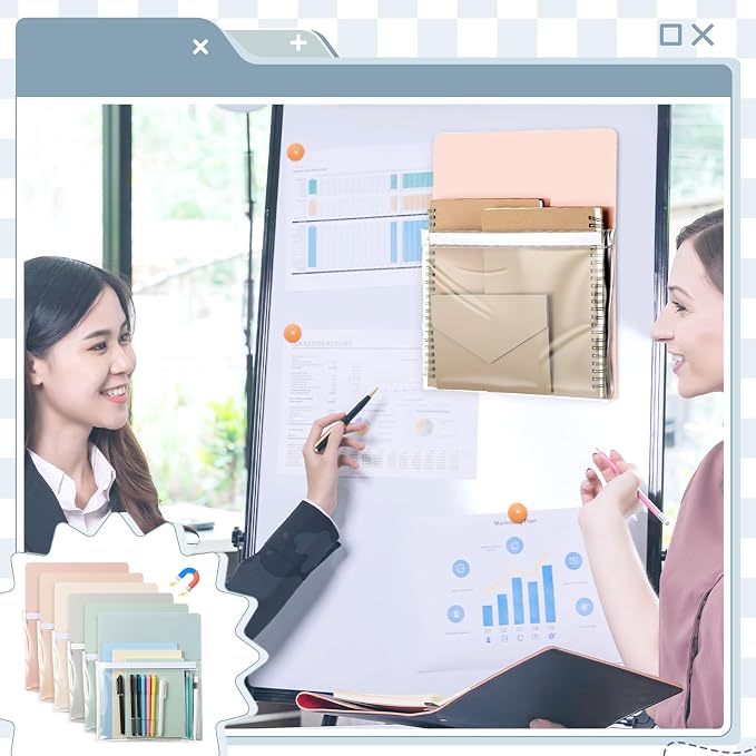 6 Pcs Magnetic File Holder Paper Holder Magnetic Pen Dry Erase Marker Organizer Magnet Pocket Pouch for Whiteboard Refrigerator, 12 x 9.5 in(Light Color)