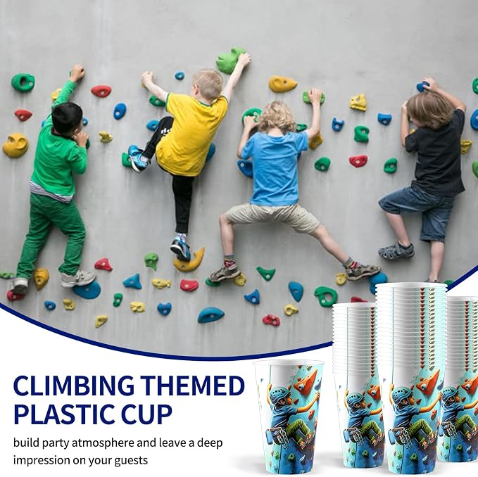 20 Pcs Rock Climbing Favors Goodie Cups with Lids for Birthday Decorations Disposable 16oz Plastic Candy Cups for Birthday Party Table Decorations Supplies Favor(LET'S CLIMB)