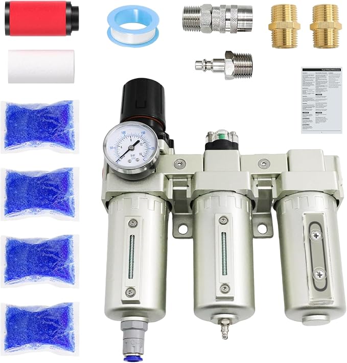 1/2" Air Dryer for Compressor, Auto Drain for Plasma Cutter, Paint Gun | 3 Stage NPT Industrial Filter Regulator Combo & Desiccant Dehumidifier, 0.01μm Coalescing Filter