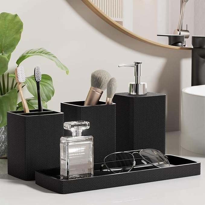 Black Bathroom Sets, Black Bathroom Accessories Set with Shower Curtain and No-Slip Bath Rugs, Natural Loofah Sponge, Soap Dispenser, Toothbrush Holder, Bathroom Tumbler and Tray for Bathroom