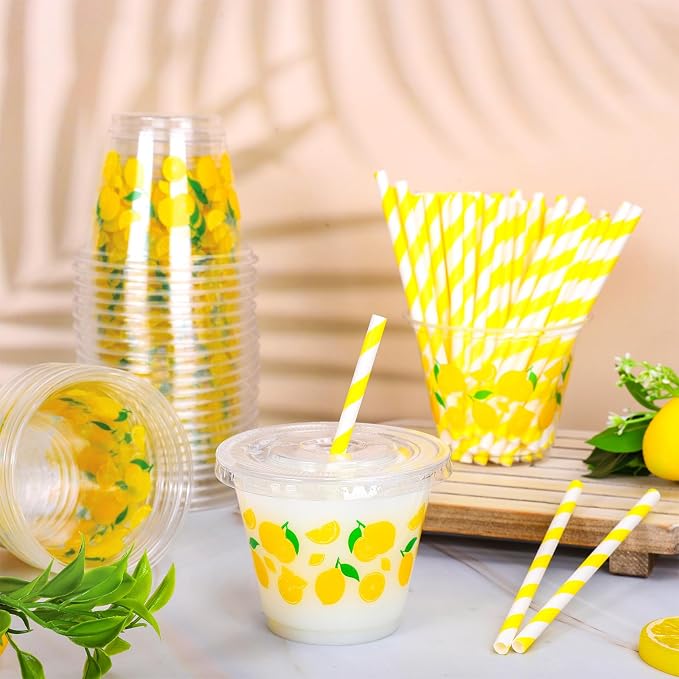 FYSUIMU 100Pcs Lemon Disposable Plastic Cups with Lids and Straws 9Oz Cute Yellow Lemonade Cold Beverage Drinking Cups for Summer Birthday Baby Shower Party Supplies