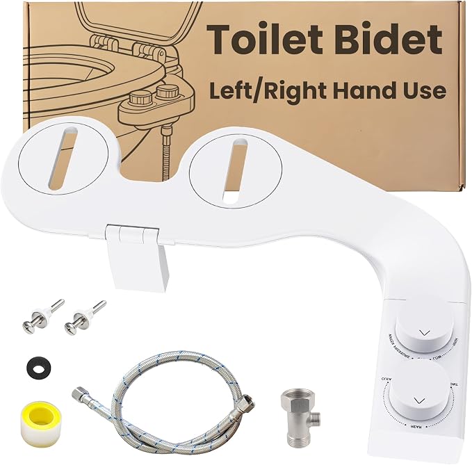 Toilet Bidet With Left/Right Side Reversible Design, Fresh Water, Non-Electric, Toilet Bidet Attachment, Right/Left Hand Side with Dual Nozzle, Self-Clean, Includes Extended Screws (White)
