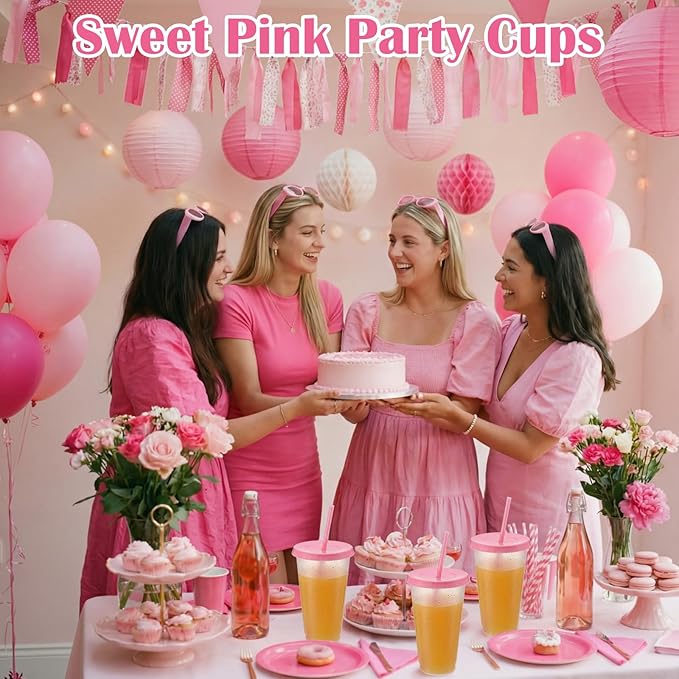 Honeydak 60 Pack Tumbler with Straw and Lid Bulk Cups for Gifts Water Bottle Iced Coffee Travel Mug Cup Reusable Plastic Tumblers for Party Birthdays 24-27 oz (Clear and Pink Color)