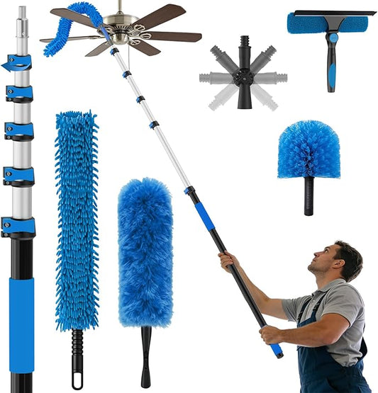16FT Reach High Ceiling Duster Kits with 3-12FT Adjustable Pole - Includes Extra Long Duster, High Ceiling Duster, Rotatable Window Squeegee & Cobweb Duster for Ceiling Fans and Whole House Cleaning