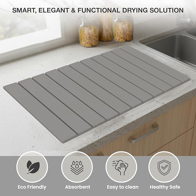 Large Stone Drying Mat for Kitchen Counter | 24"x16" | Fast Drying Collapsible Diatomaceous-Earth Mat | Super Absorbent Folding Mat for Dishes, Bottles, Glass, Heat-Resistant, Non-Slip (Light Gray)