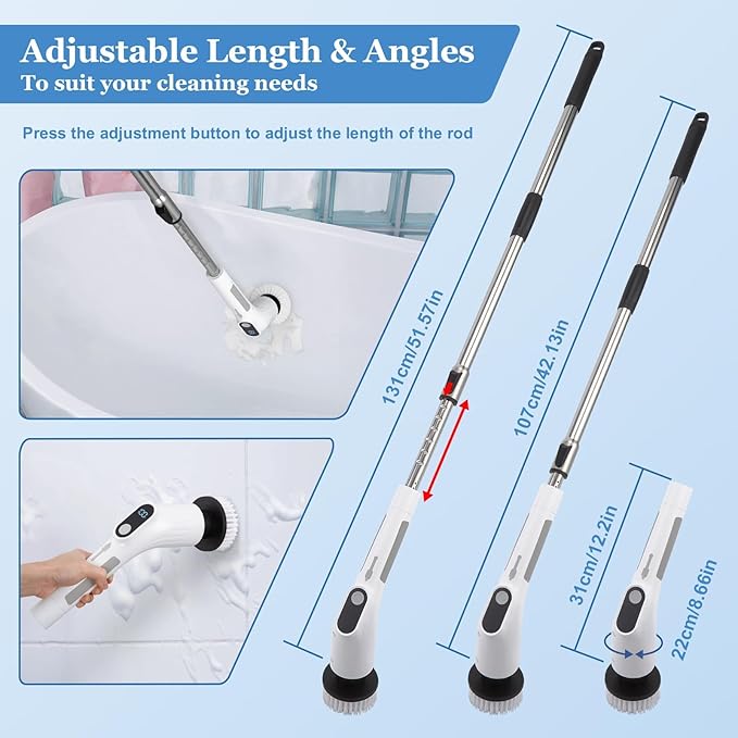Cordless Electric Spin Scrubber, Powerful 2-Speed Shower & Bathroom Cleaner with LED Display, Adjustable Handle & 11 Brush Heads, Lightweight, Rechargeable & Perfect for Tough Grime