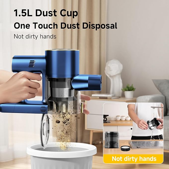 Cordless Stick Vacuum Cleaner - 45KPA Powerful Suction Vacuum with 45 Min Runtime, Detachable Battery, Anti-Tangle & 1.5L Dust Cup, 8 in 1 Vacuum Cleaner for Pet Hair, Carpet, HardFloor, Blue