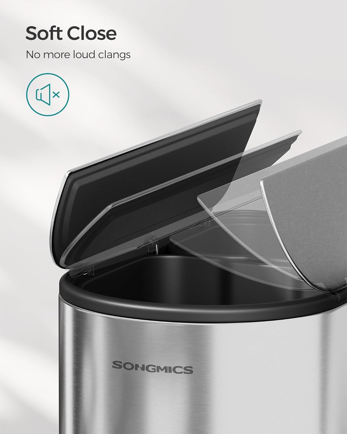 SONGMICS 13-Gallon Dual Kitchen Trash Can, 5.3 and 8 Gallon Compartments, Garbage Can with Wing Lids, Stainless Steel, Soft Close, Inner Buckets, Metallic Silver ULTB570E50