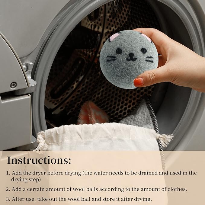 Dryer Balls Laundry Reusable - XL Wool Dryer Balls - Handmade Cute, Extra Large Dryer Balls, Shorten Drying Time, Organic Wool - Dry 1000+ Loads (Gray Cat)