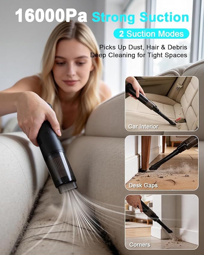 Electric Air Duster & Vacuum 2-in-1, Dual Brushless Motor 130000RPM Compressed Air Duster, 16000PA Handheld Vacuum, 3 Speed Mini Blower, Fast Charging 6000mAh Rechargeable, Keyboard Car Cleaning Kit