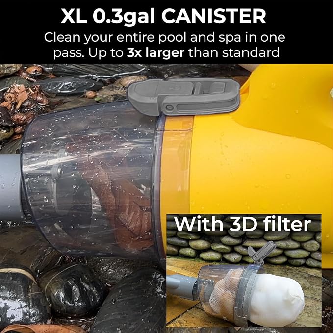16V Cordless Handheld Pool Vacuum - 26,000Pa Hyper Suction, 3-Stage 3D Fiber Ball Micro-Filtration, Fine Filter, XL 0.3gal Canister, 7ft Pole & 2 Heads, for Inground & Above Ground Pools, Spas