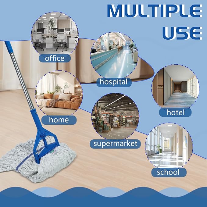 Commercial Cotton Mop | Heavy-Duty Industrial Mop | 2 Replacement Heads | 152cm Stainless Steel Handle | Professional Institutional Cleaning (A)