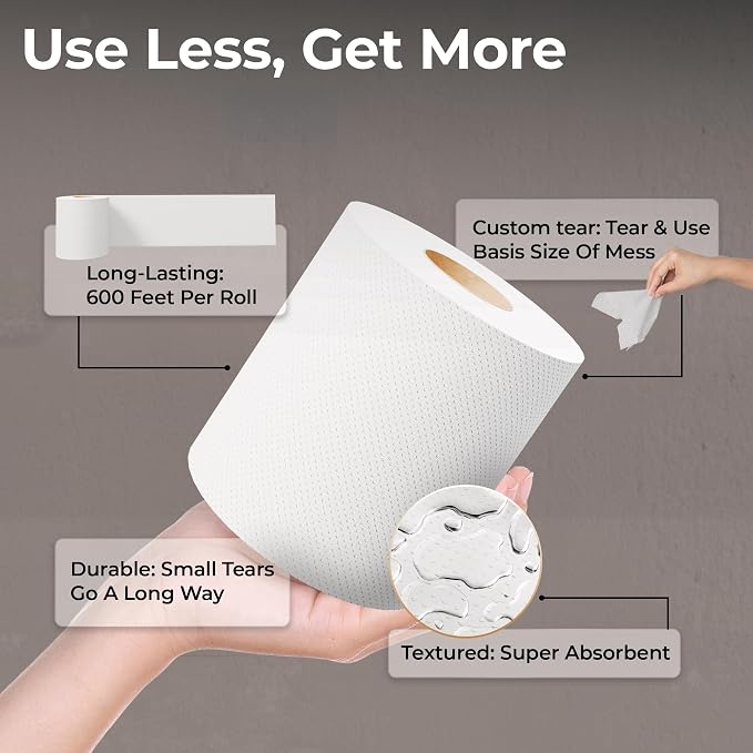 Restaurantware-Paper Towel Roll 600' x 1 Roll Long Paper Towel 8" Wide Hand Towel Roll 1 Ply Universal Dispenser 2" Core Hardwound High Absorbency Everyday Use For Commercial Washroom White