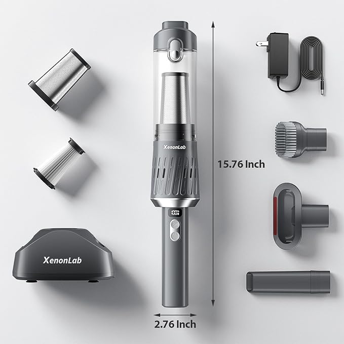 Handheld Vacuum Cordless 25000Pa Car Vacuum 3-in-1 Handheld Vacuum, Includes Smart Display and Charging Base Hand Vac Cordless Rechargeable One-Touch Empty for Home/Pet/Car (Silver)