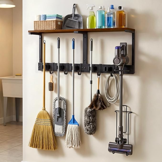 Novabright Heavy Duty Broom Holder Wall Mount with Cleaning Supplies Organizer, 27 Inch Laundry Room Shelf Broom and Mop Organizer Wall Hanging with Mop Hanger, Vacuum Grip Hooks, for Home Garage