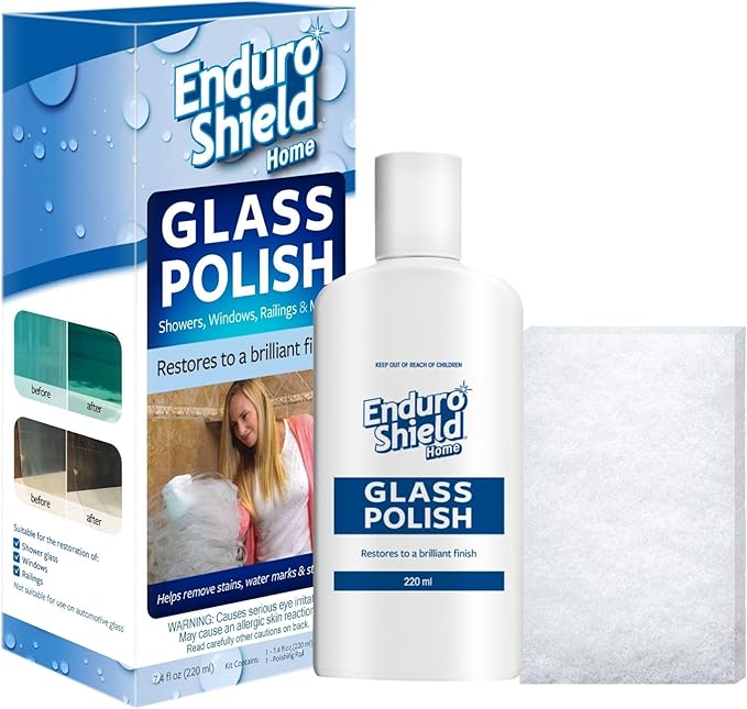 EnduroShield Shower Door Glass Polish – Water Spot Remover & Hard Water Stain Cleaner for Cloudy Shower Doors – Removes Soap Scum, Limescale & More – 7.4 fl oz
